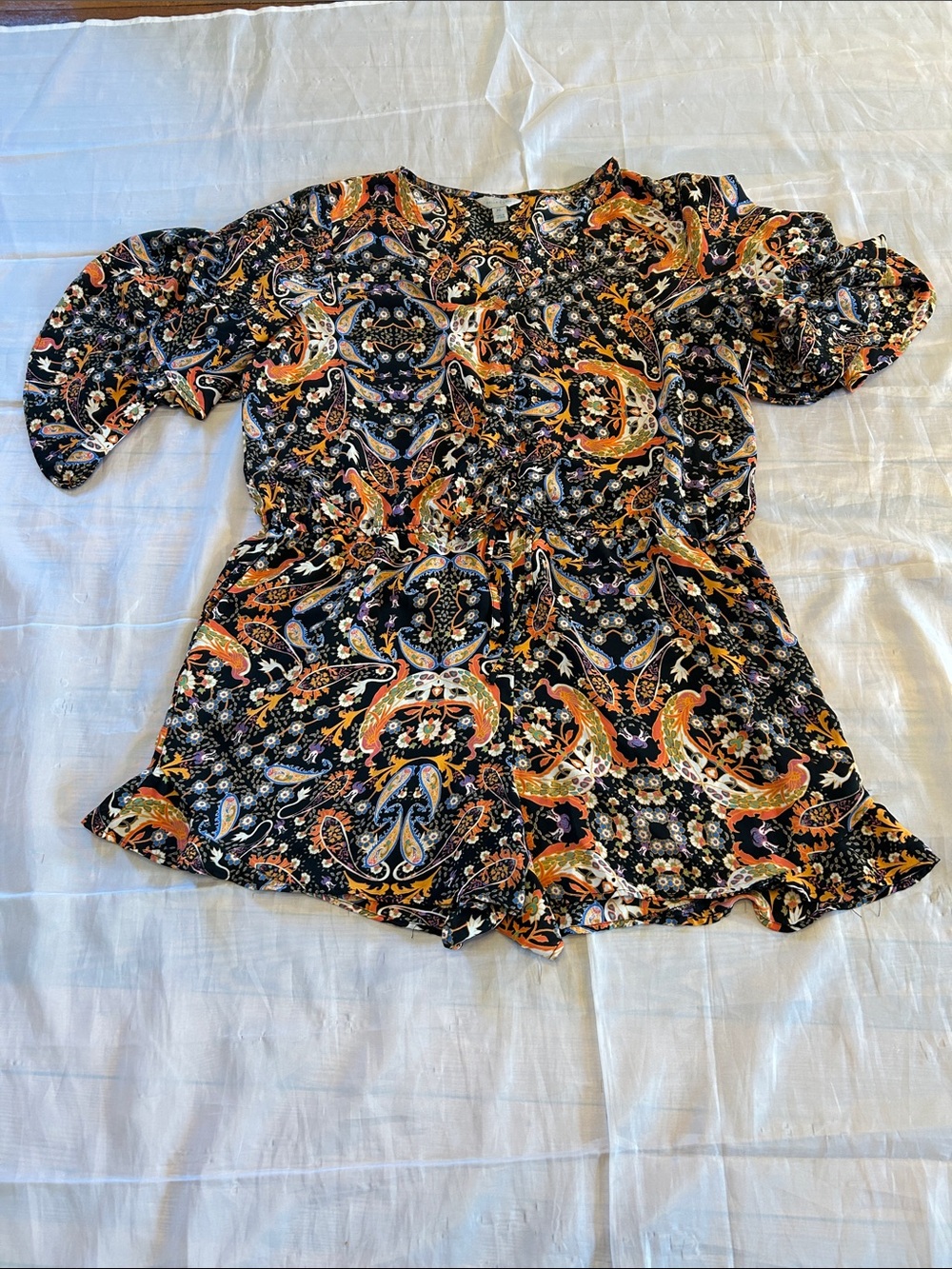 Sky Black Paisley Short Sleeve Romper with Orange and White Accents